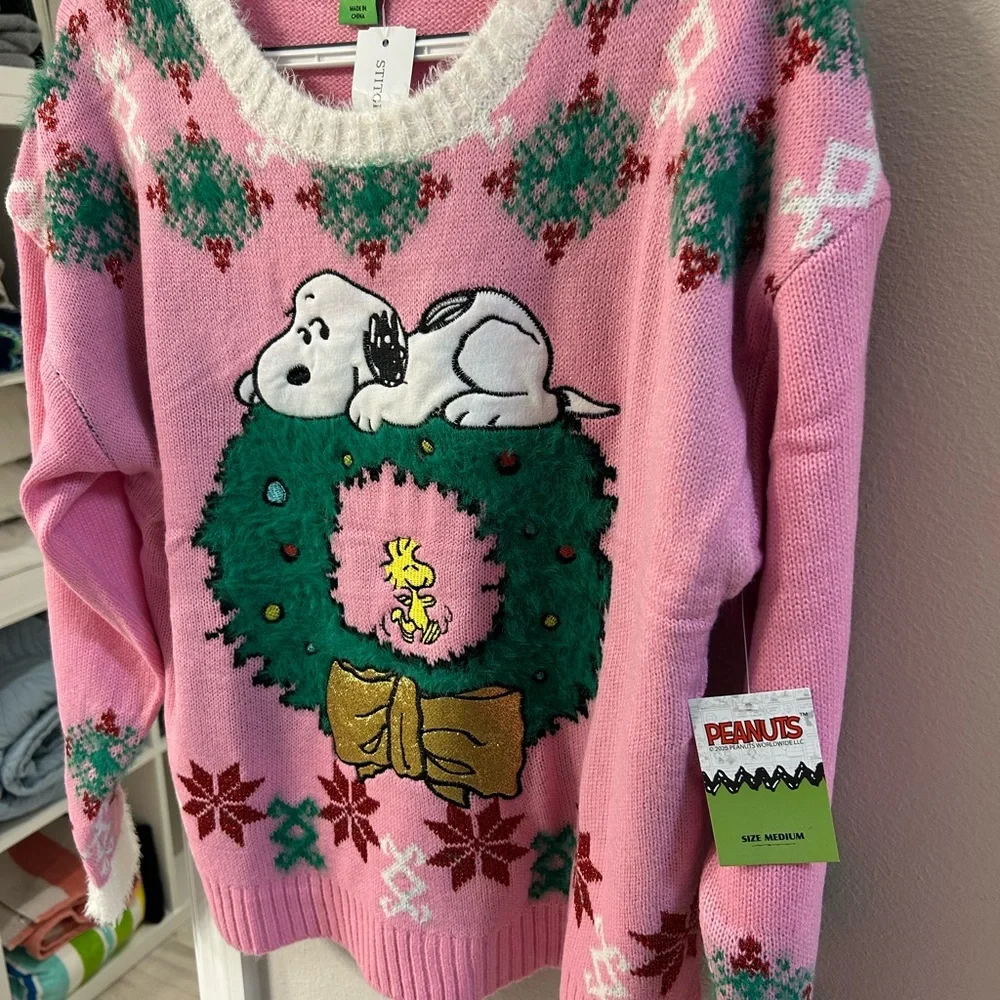 Peanuts Pink Snoopy Holiday Sweater - super cute !! Fuzzy collar with bling ! - Picture 4 of 5